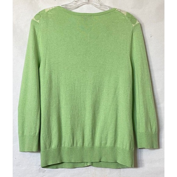 Talbots Cardigan Women M  Lime Green Yellow Argyle Cotton Silk Blend 3/4 Sleeve - Picture 2 of 14